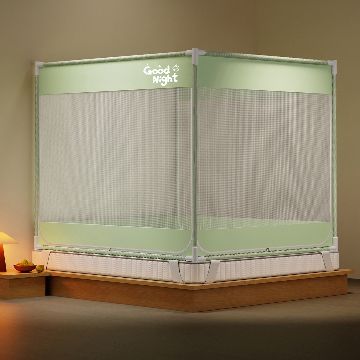 91家纺网 家纺一手货源 找家纺 初心家纺 2026新款外穿杆坐床防摔蚊帐-场景一 绿-字母