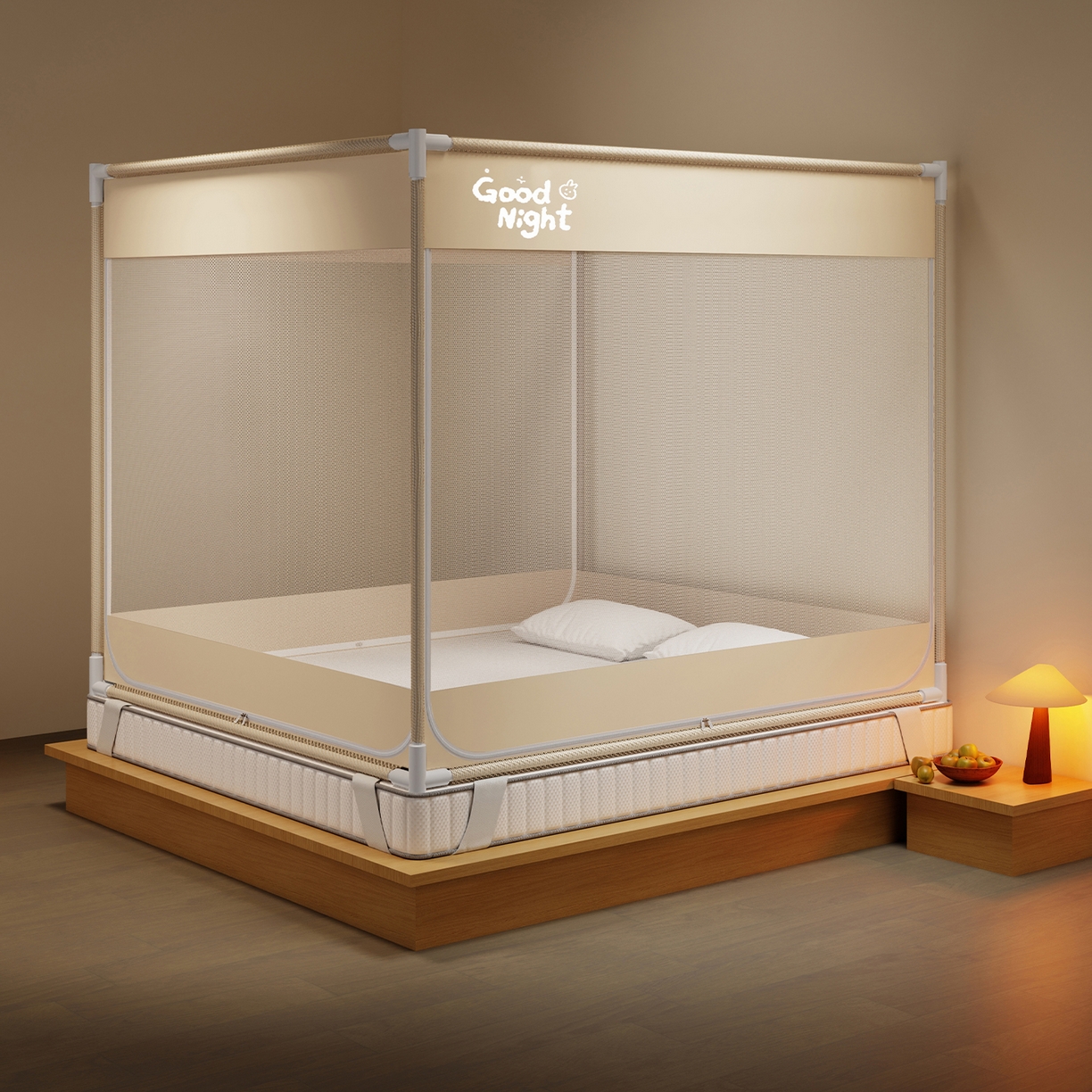 91家纺网 家纺一手货源 找家纺 初心家纺 2026新款外穿杆坐床防摔蚊帐-场景一 米-字母