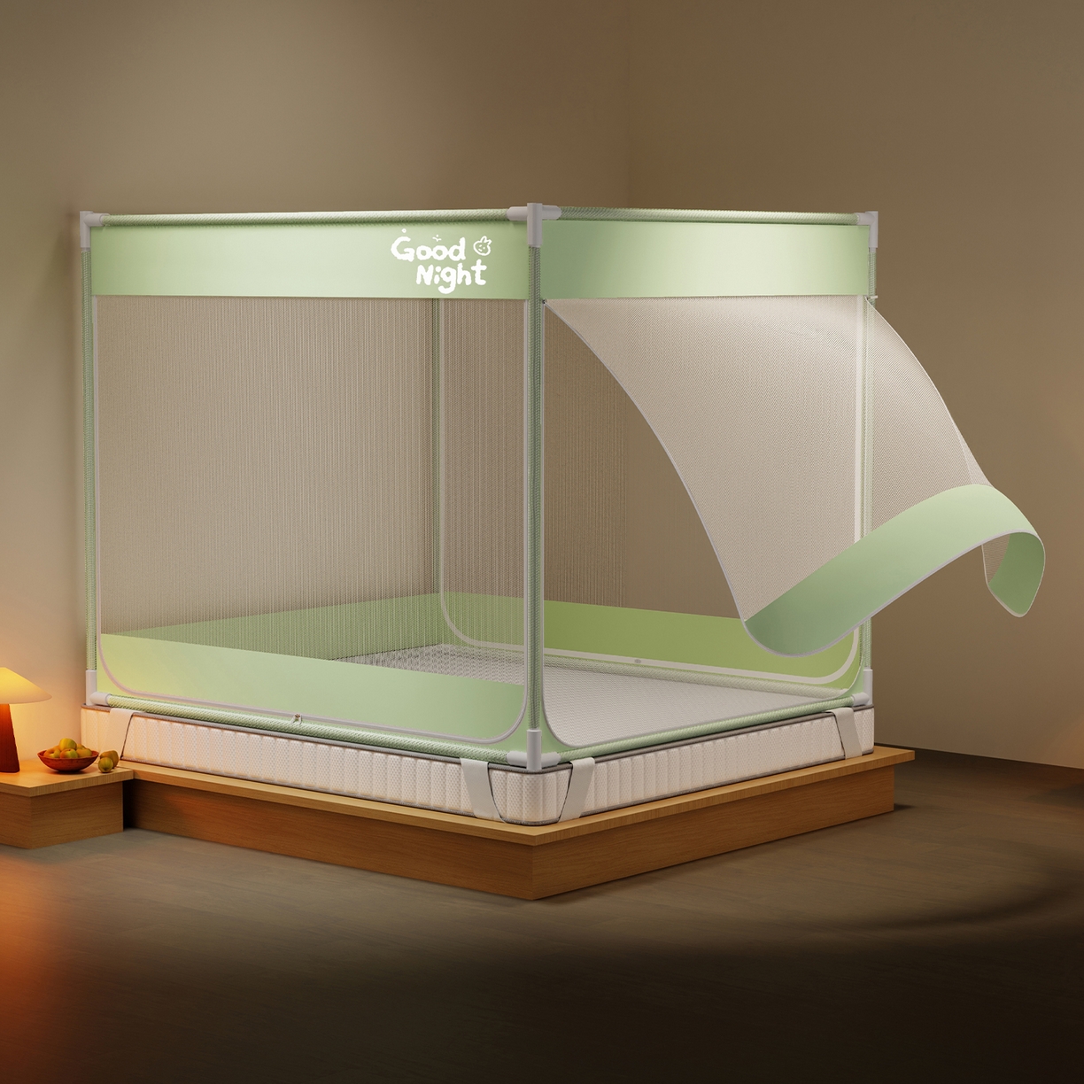 91家纺网 家纺一手货源 找家纺 初心家纺 2026新款外穿杆坐床防摔蚊帐-场景一 绿-字母