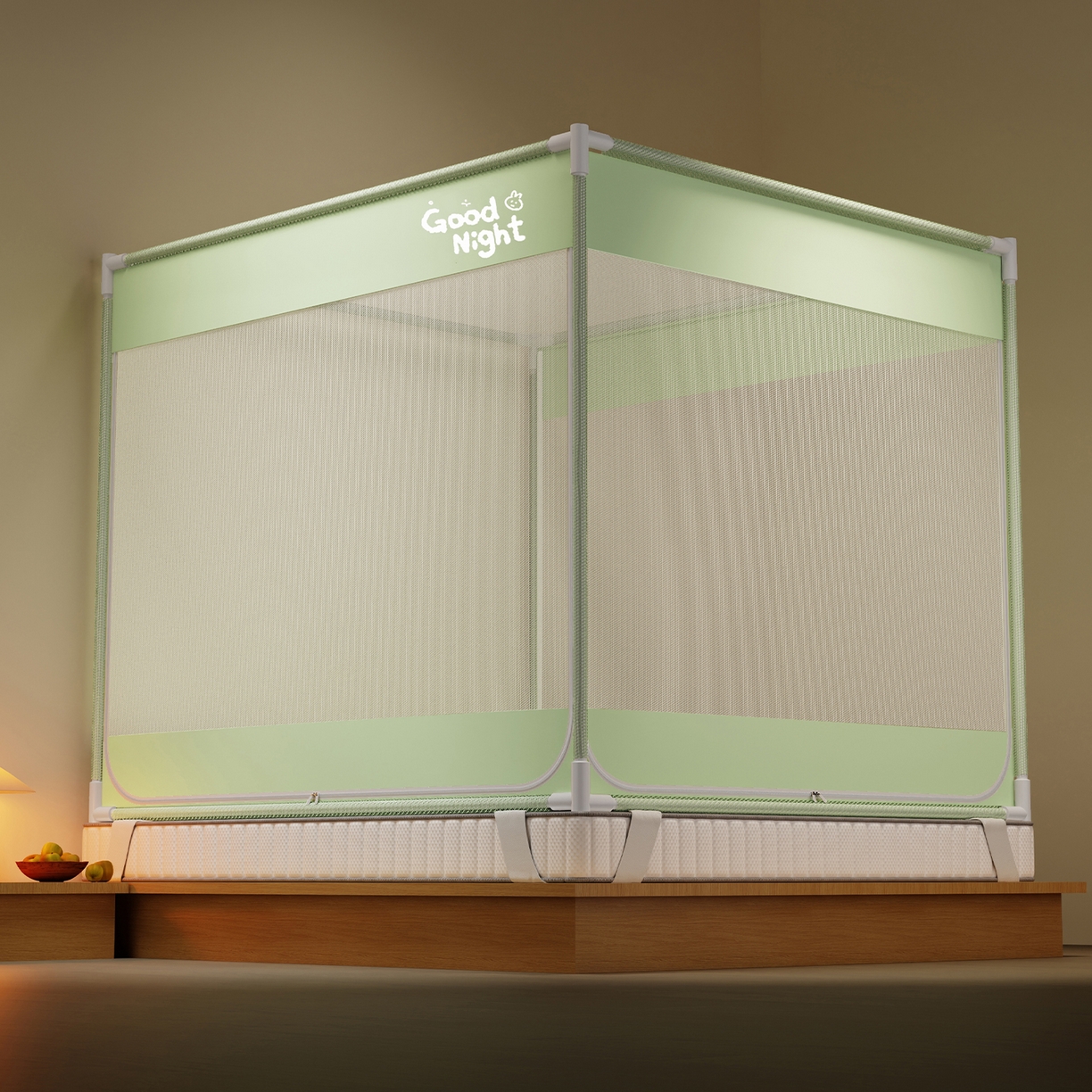 91家纺网 家纺一手货源 找家纺 初心家纺 2026新款外穿杆坐床防摔蚊帐-场景一 绿-字母