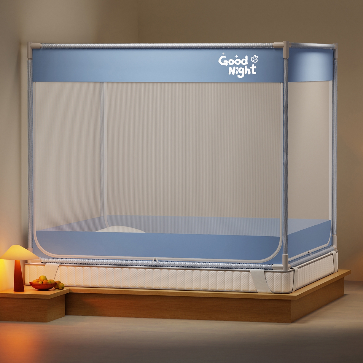 初心家纺 2026新款外穿杆坐床防摔蚊帐-场景一 蓝-字母