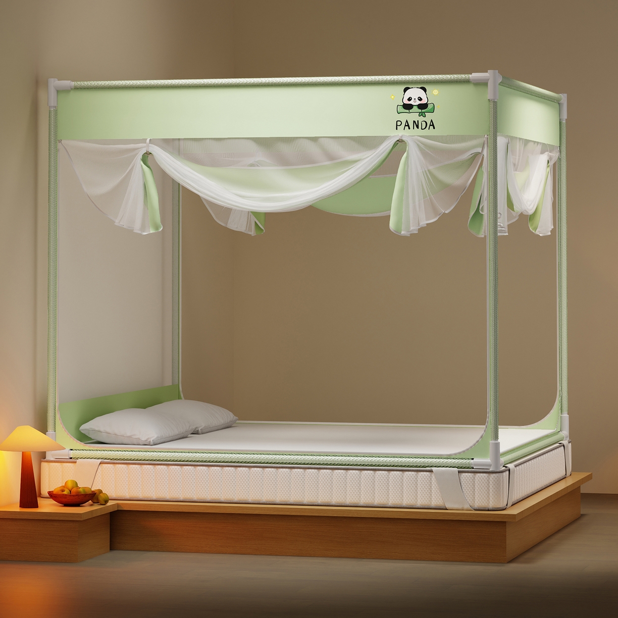 91家纺网 家纺一手货源 找家纺 初心家纺 2026新款外穿杆坐床防摔蚊帐-场景一 绿-熊猫