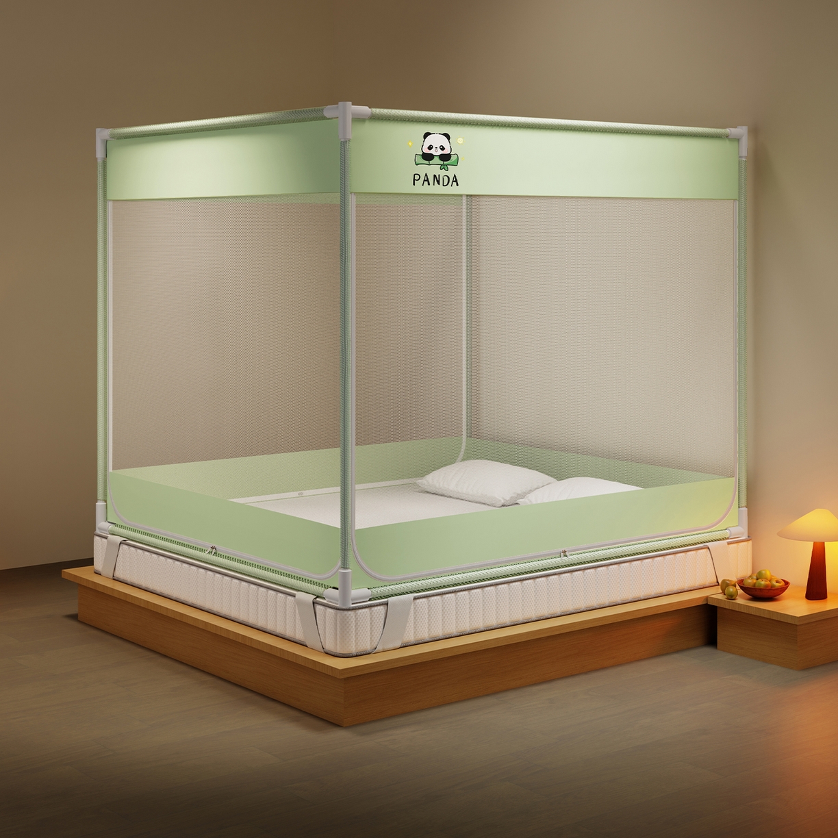 91家纺网 家纺一手货源 找家纺 初心家纺 2026新款外穿杆坐床防摔蚊帐-场景一 绿-熊猫