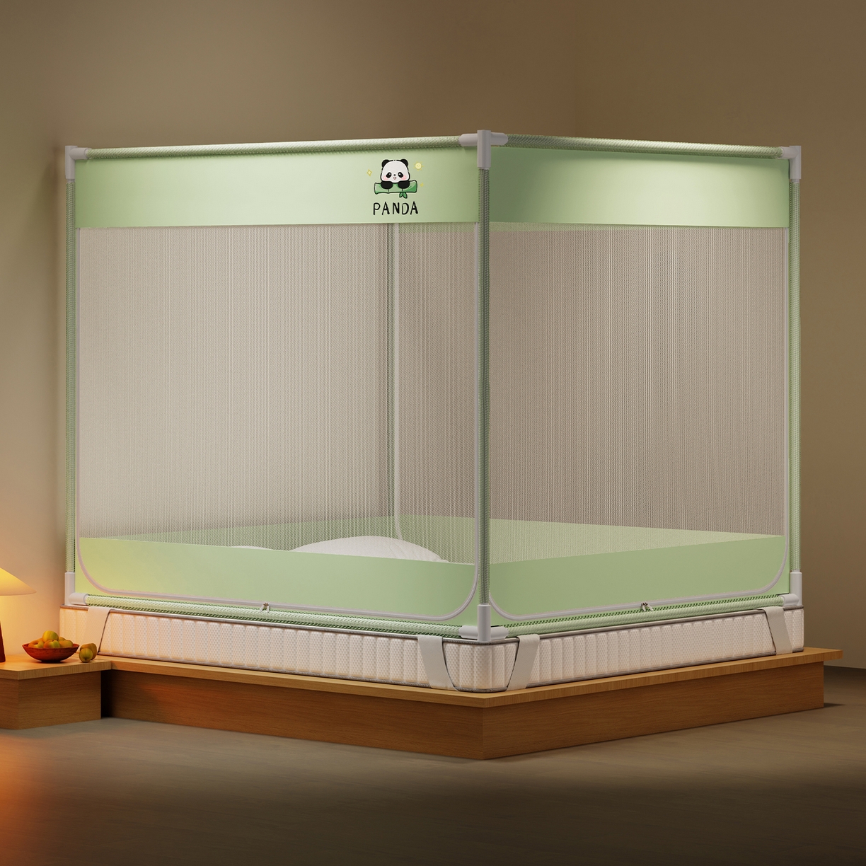 91家纺网 家纺一手货源 找家纺 初心家纺 2026新款外穿杆坐床防摔蚊帐-场景一 绿-熊猫