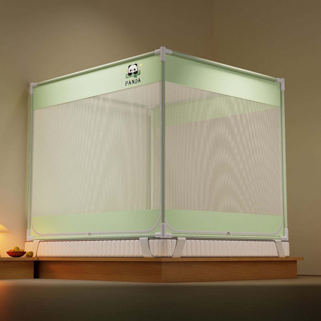 91家纺网 家纺一手货源 找家纺 初心家纺 2026新款外穿杆坐床防摔蚊帐-场景一 绿-熊猫