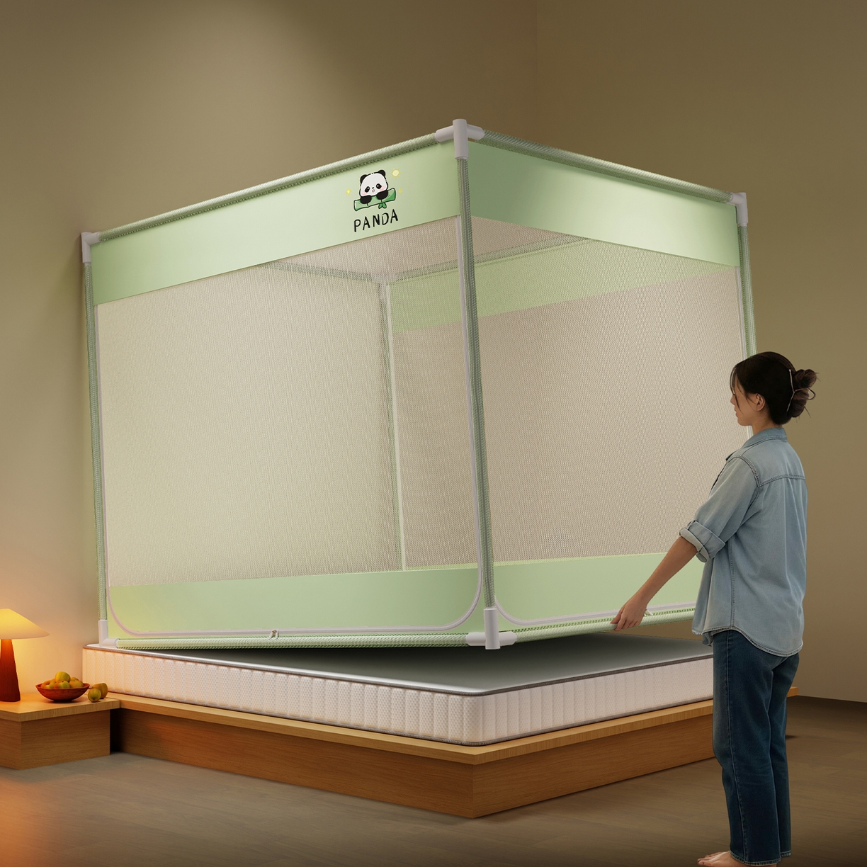 91家纺网 家纺一手货源 找家纺 初心家纺 2026新款外穿杆坐床防摔蚊帐-场景一 绿-熊猫