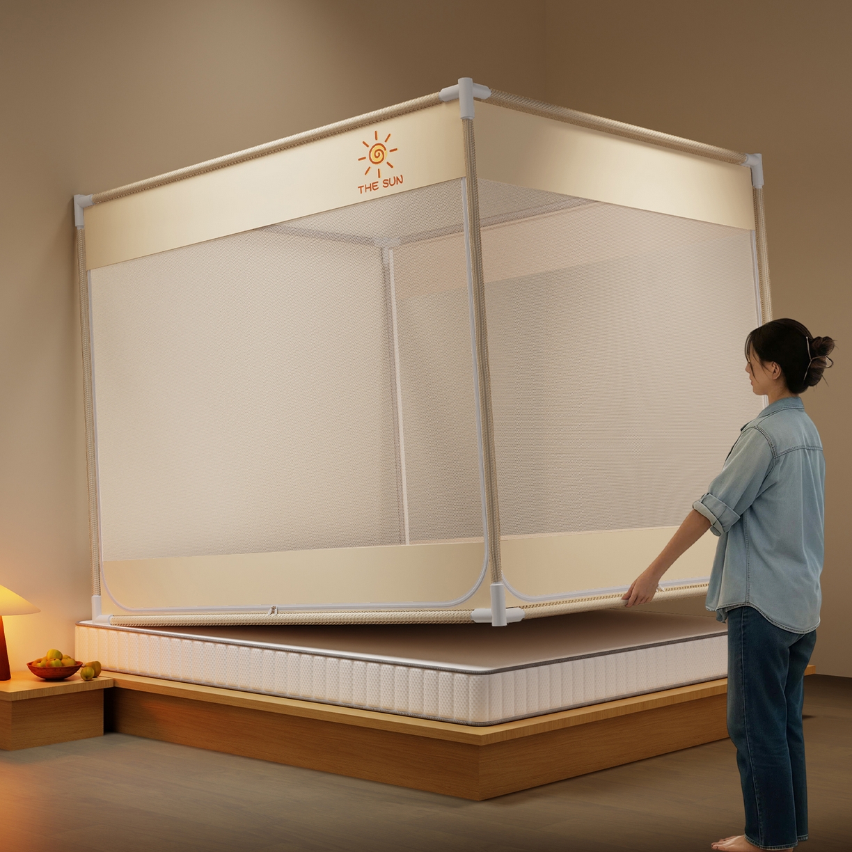 91家纺网 家纺一手货源 找家纺 初心家纺 2026新款外穿杆坐床防摔蚊帐-场景一 米-太阳