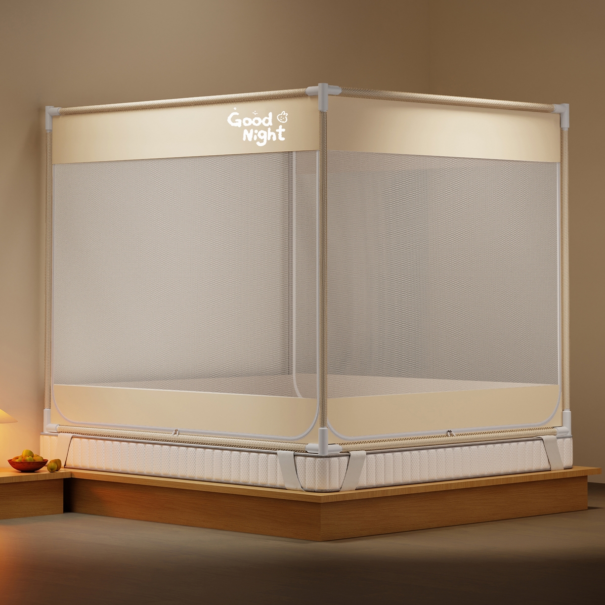 91家纺网 家纺一手货源 找家纺 初心家纺 2026新款外穿杆坐床防摔蚊帐-场景一 米-字母