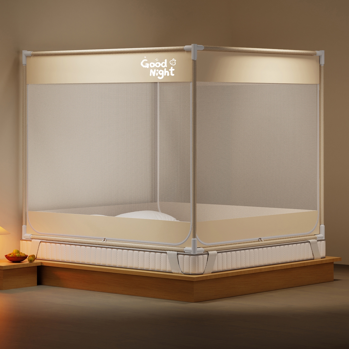 91家纺网 家纺一手货源 找家纺 初心家纺 2026新款外穿杆坐床防摔蚊帐-场景一 米-字母