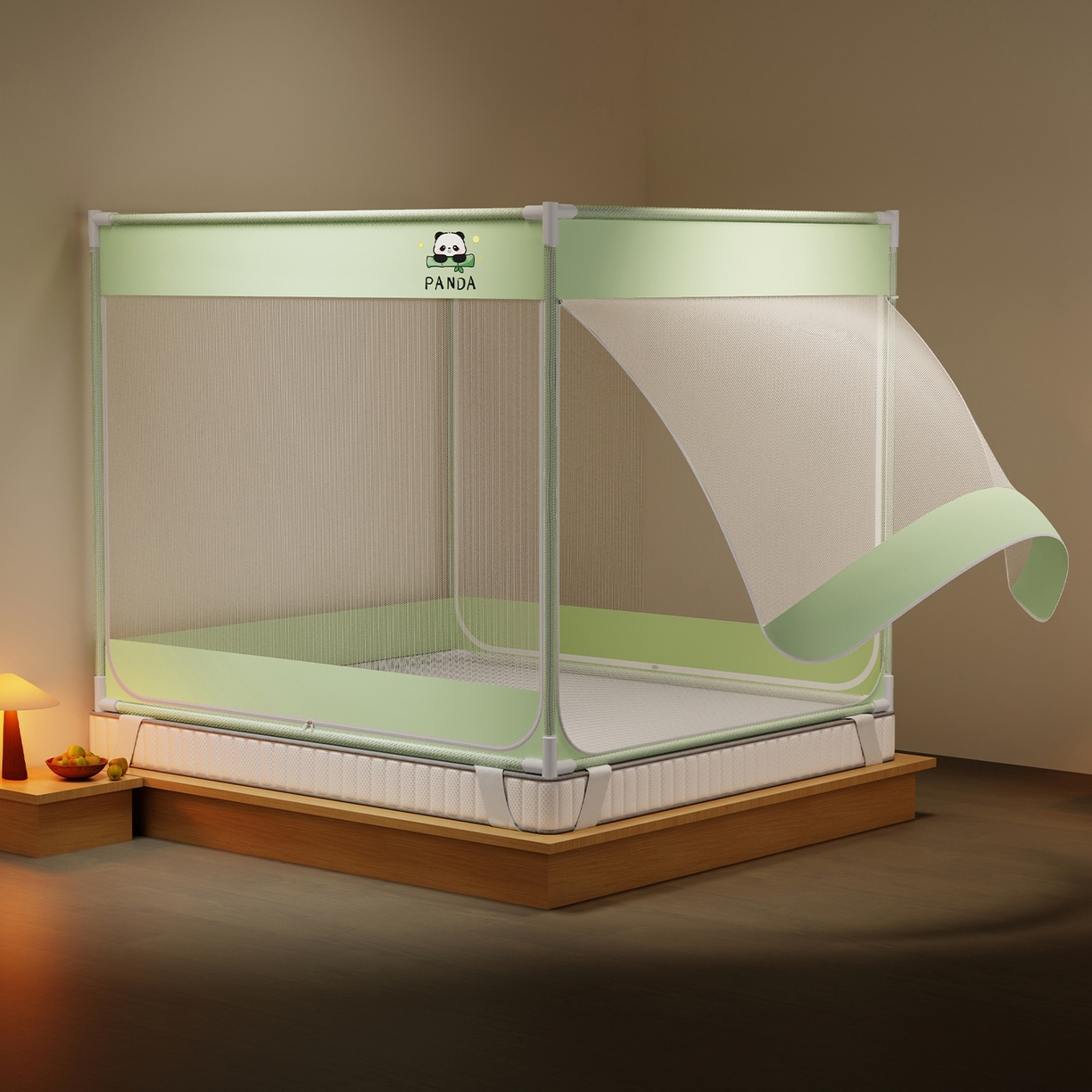91家纺网 家纺一手货源 找家纺 初心家纺 2026新款外穿杆坐床防摔蚊帐-场景一 绿-熊猫