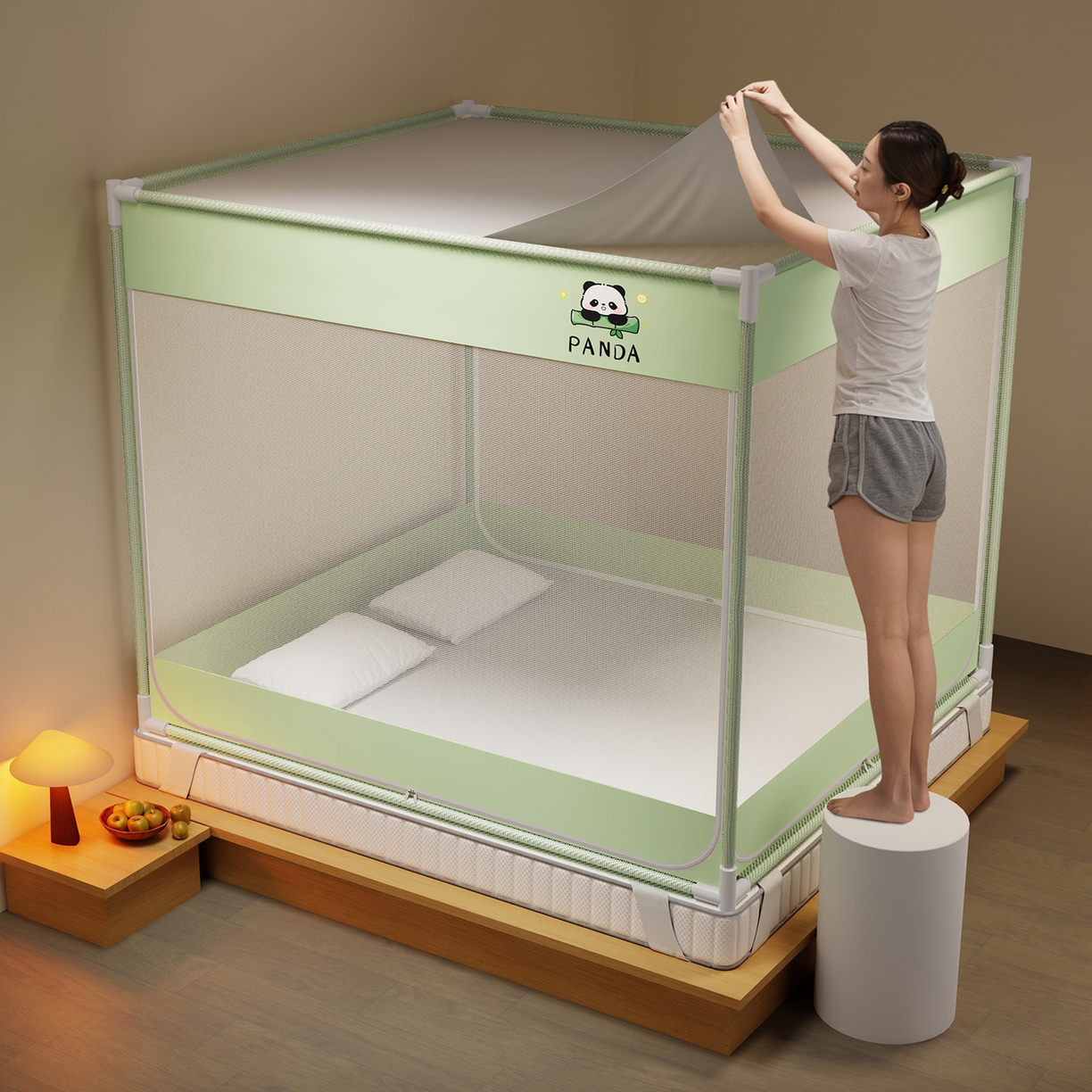 91家纺网 家纺一手货源 找家纺 初心家纺 2026新款外穿杆坐床防摔蚊帐-场景一 绿-熊猫