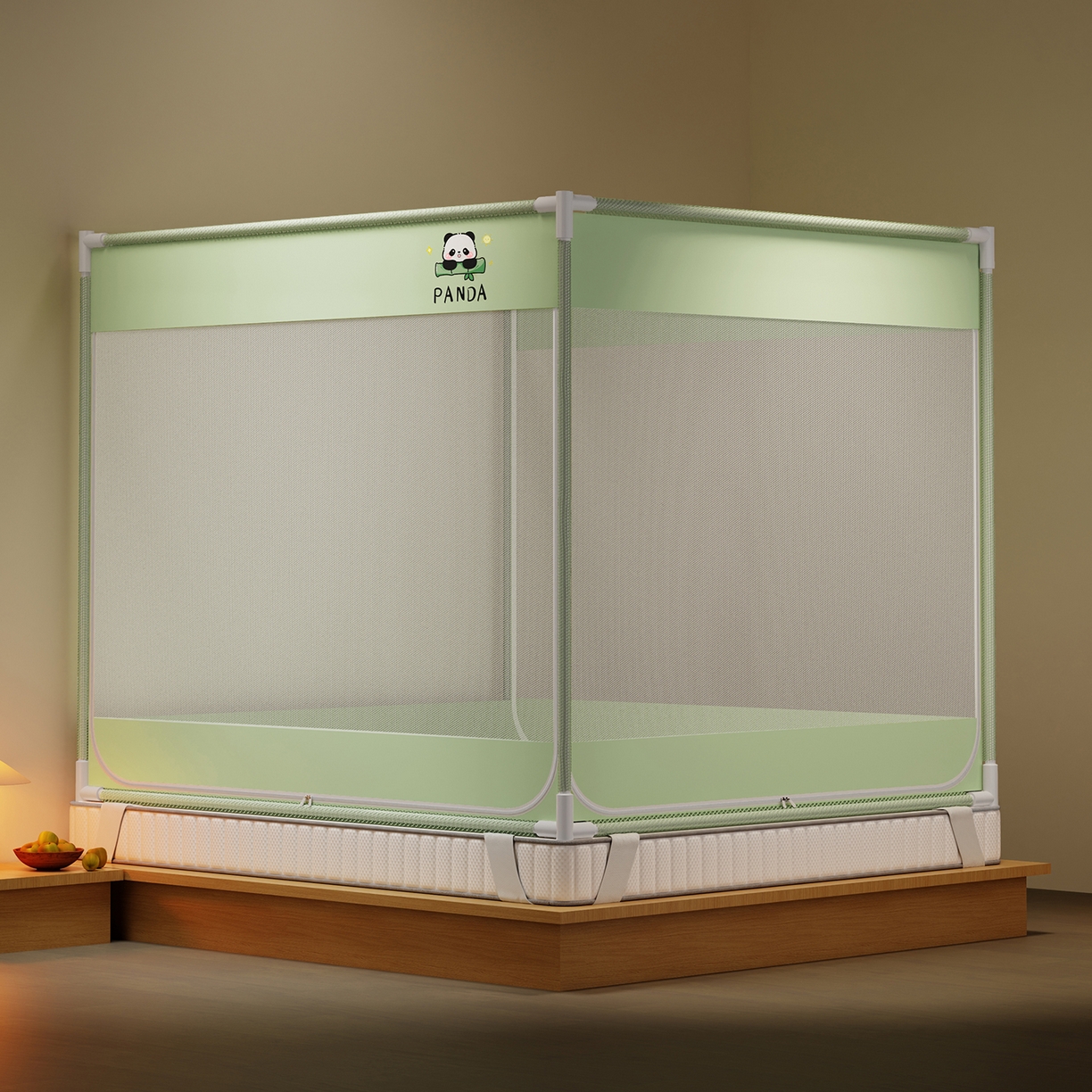 91家纺网 家纺一手货源 找家纺 初心家纺 2026新款外穿杆坐床防摔蚊帐-场景一 绿-熊猫