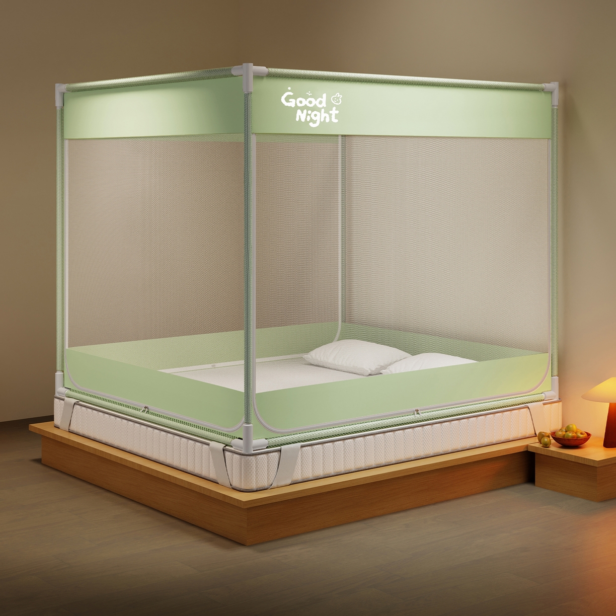 91家纺网 家纺一手货源 找家纺 初心家纺 2026新款外穿杆坐床防摔蚊帐-场景一 绿-字母