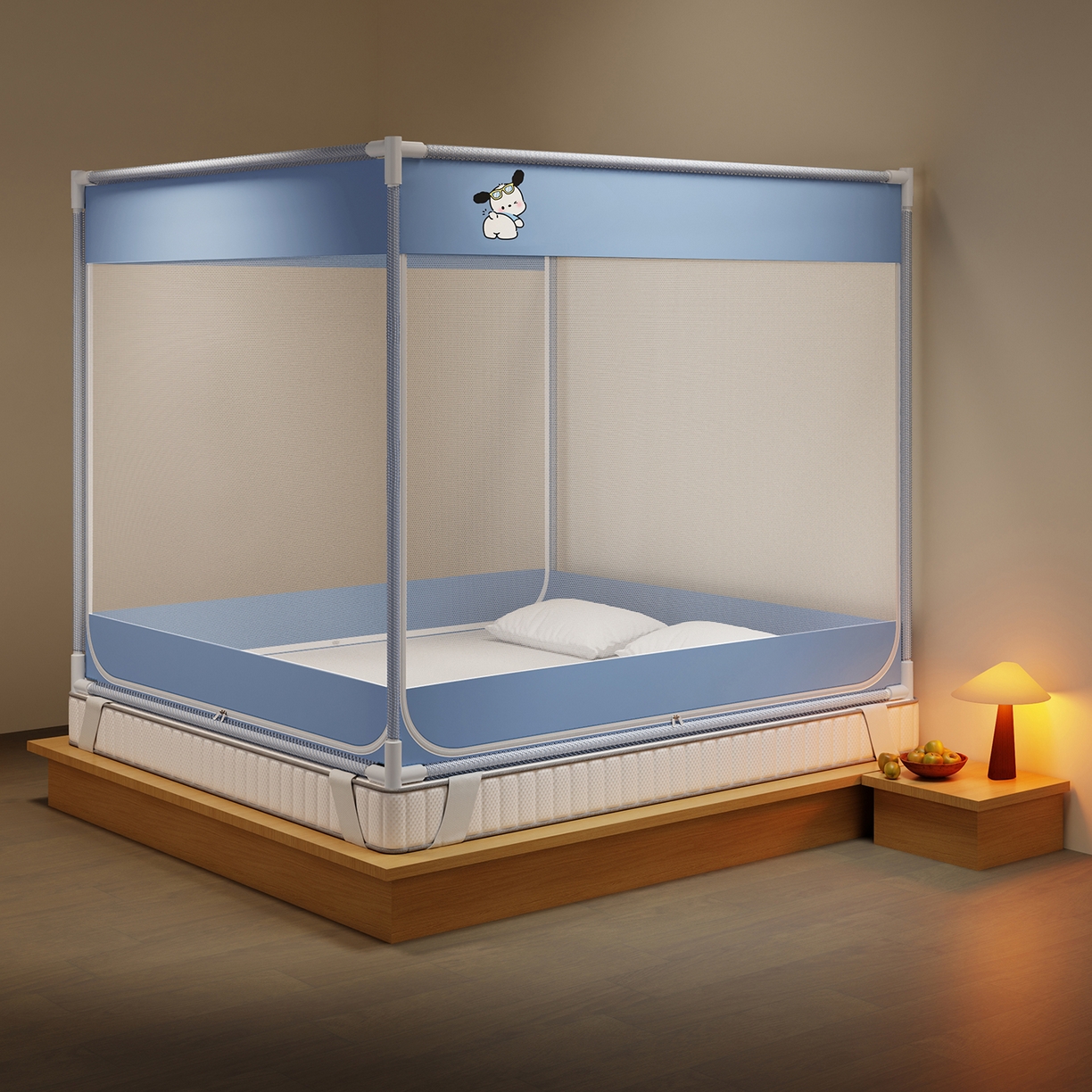 91家纺网 家纺一手货源 找家纺 初心家纺 2026新款外穿杆坐床防摔蚊帐-场景一 蓝-帕恰狗