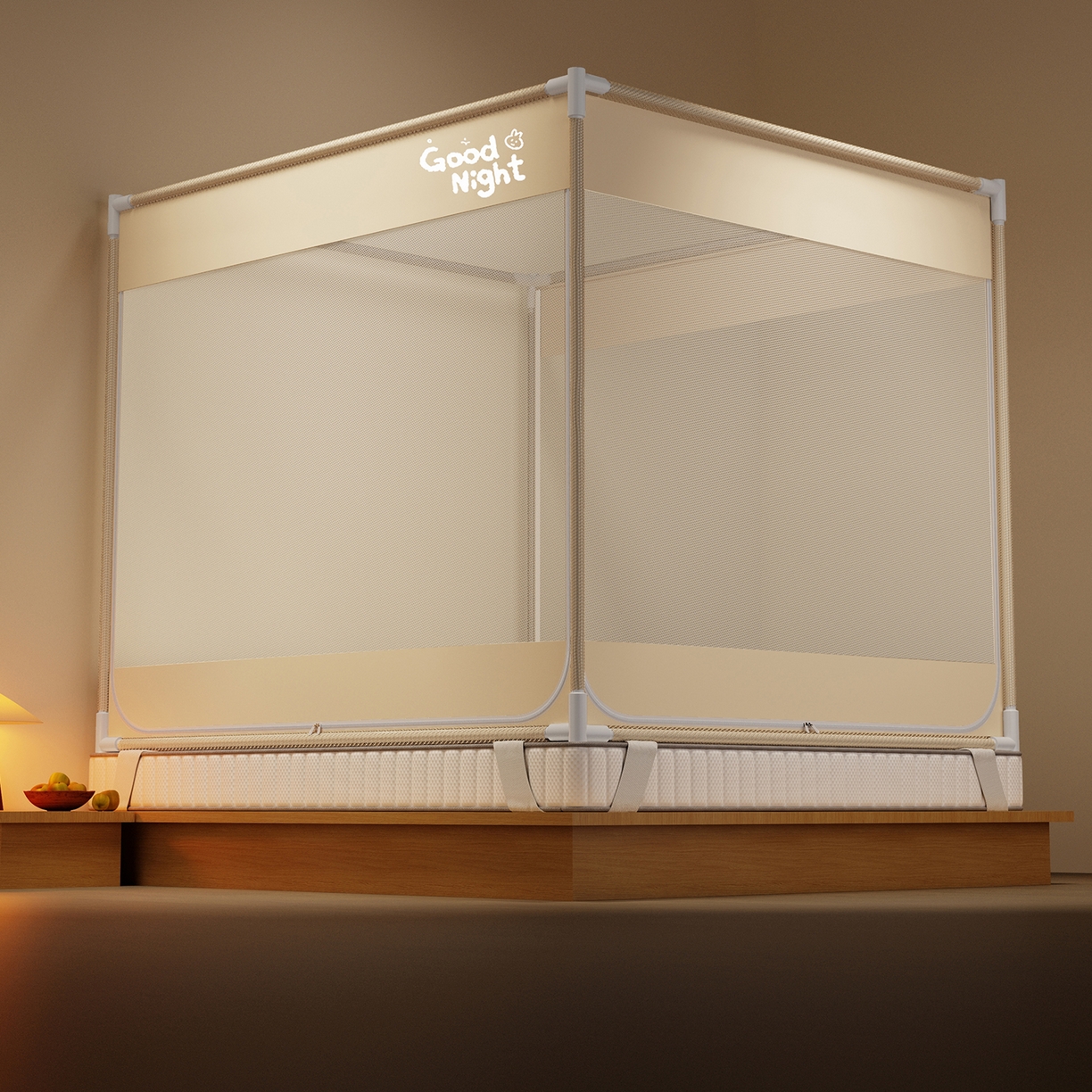 91家纺网 家纺一手货源 找家纺 初心家纺 2026新款外穿杆坐床防摔蚊帐-场景一 米-字母