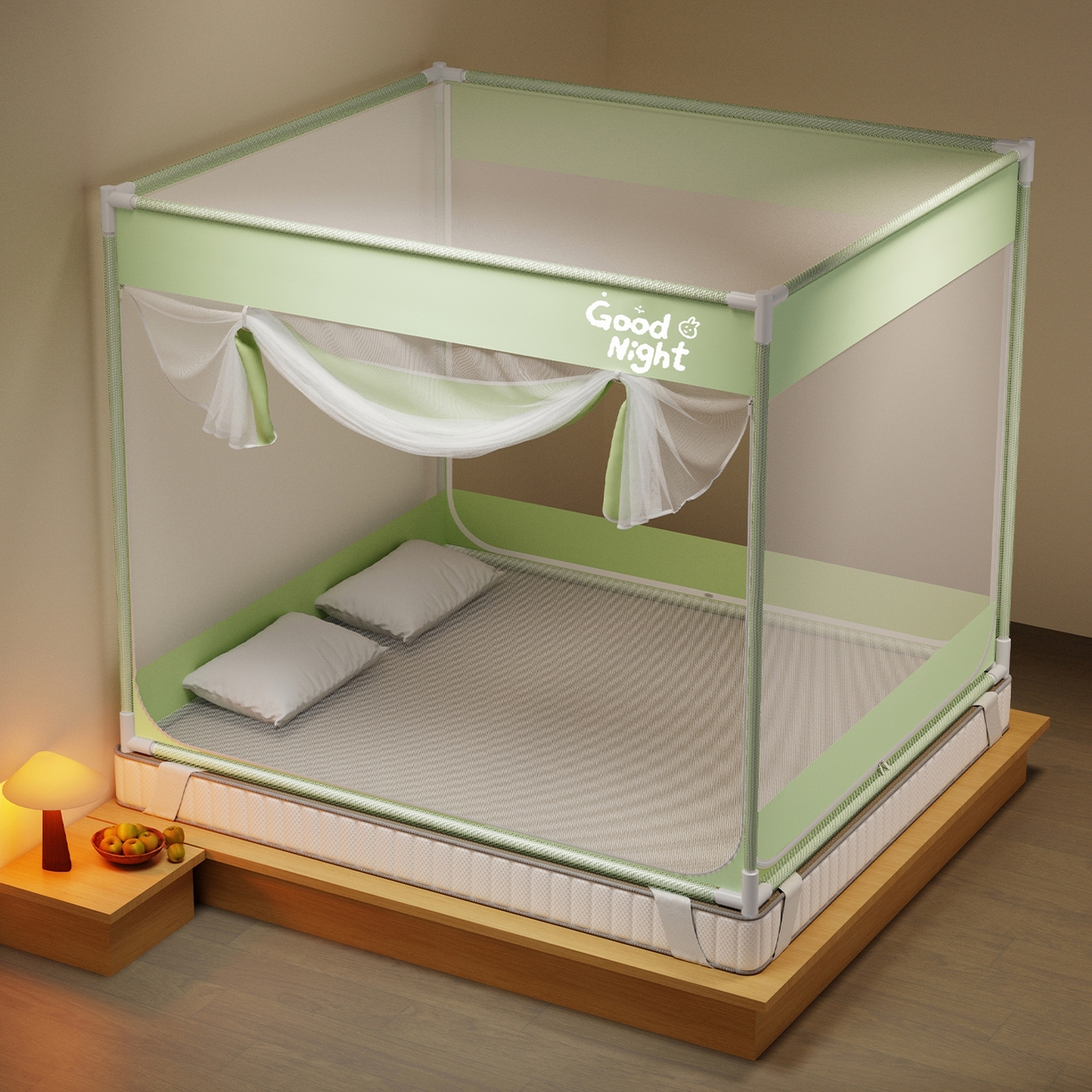 91家纺网 家纺一手货源 找家纺 初心家纺 2026新款外穿杆坐床防摔蚊帐-场景一 绿-字母