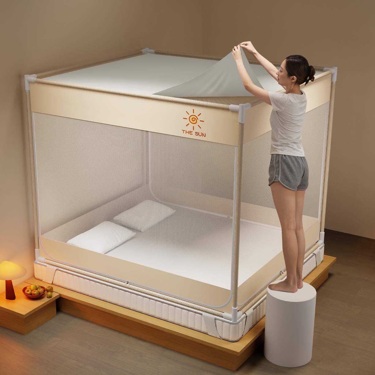 91家纺网 家纺一手货源 找家纺 初心家纺 2026新款外穿杆坐床防摔蚊帐-场景一 米-太阳