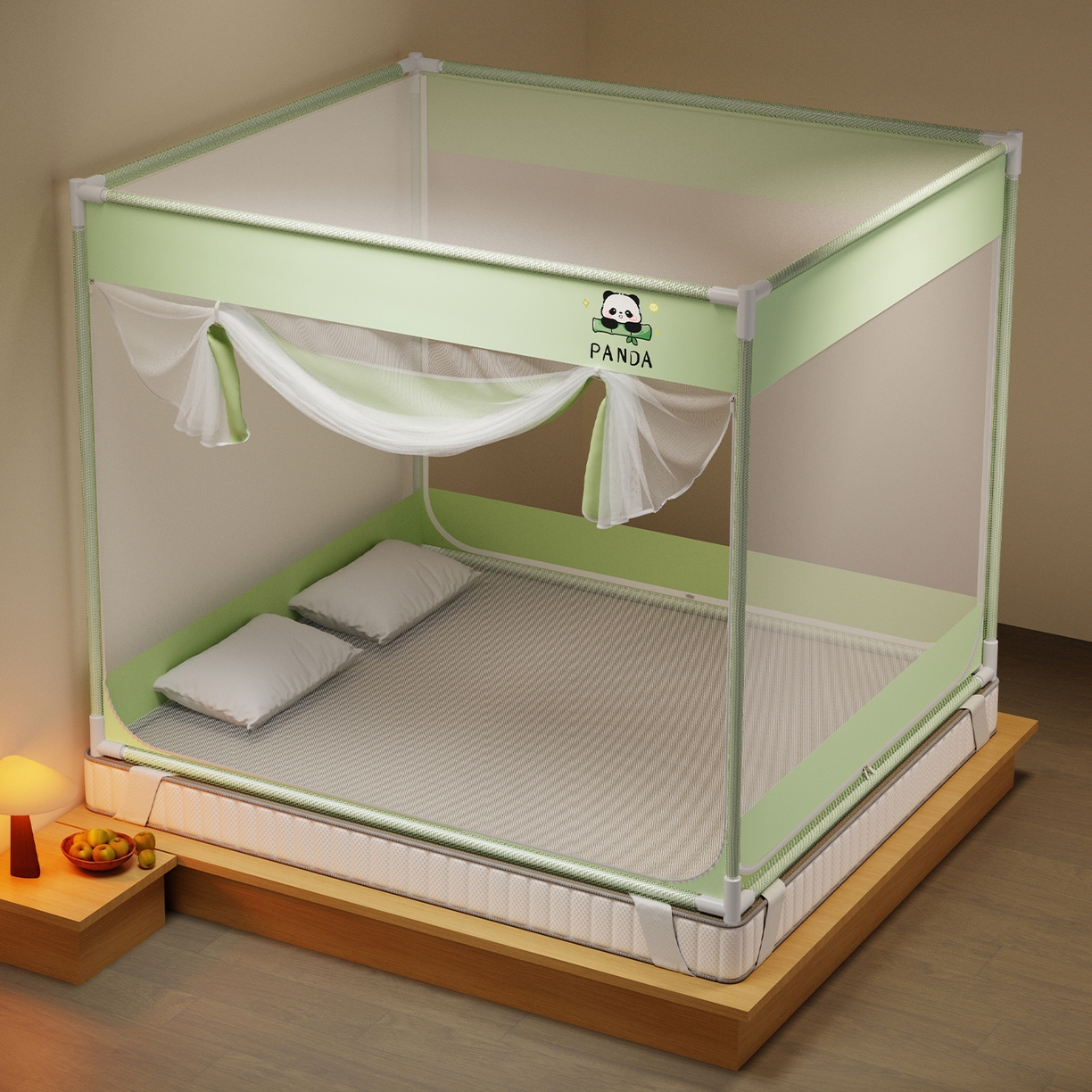 91家纺网 家纺一手货源 找家纺 初心家纺 2026新款外穿杆坐床防摔蚊帐-场景一 绿-熊猫