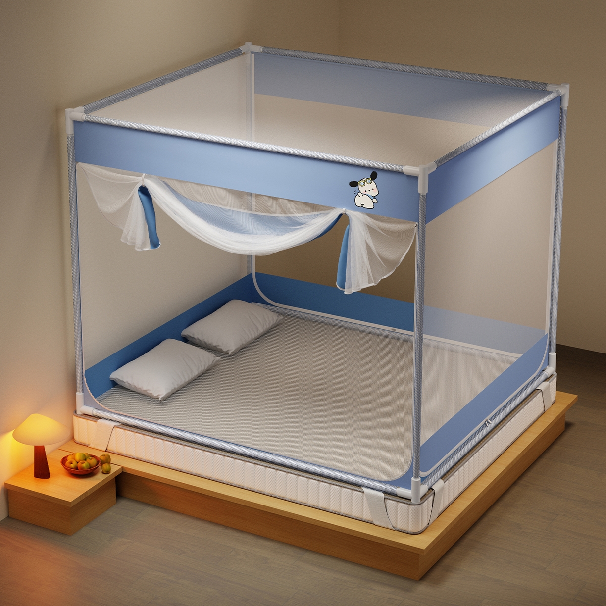 91家纺网 家纺一手货源 找家纺 初心家纺 2026新款外穿杆坐床防摔蚊帐-场景一 蓝-帕恰狗