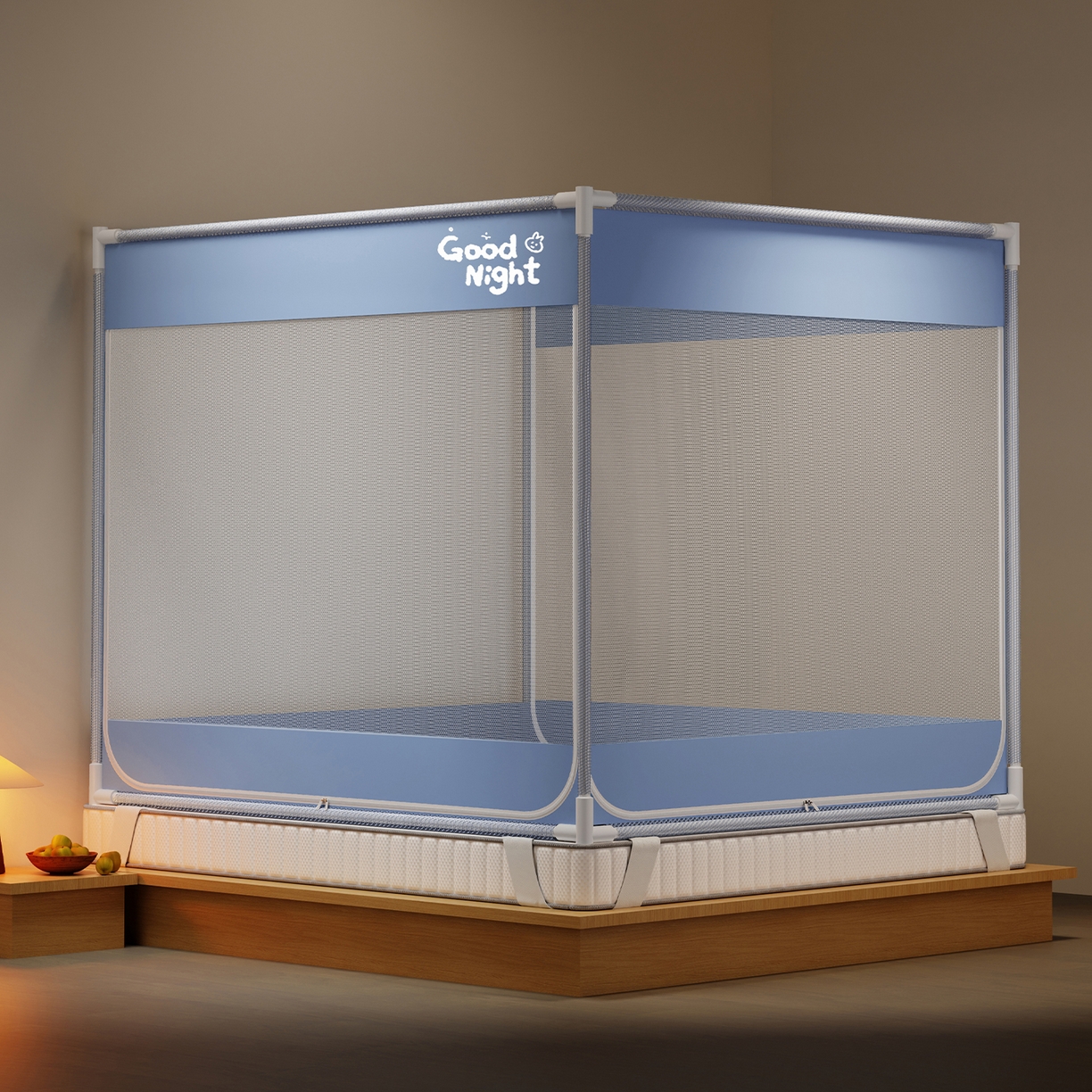 91家纺网 家纺一手货源 找家纺 初心家纺 2026新款外穿杆坐床防摔蚊帐-场景一 蓝-字母