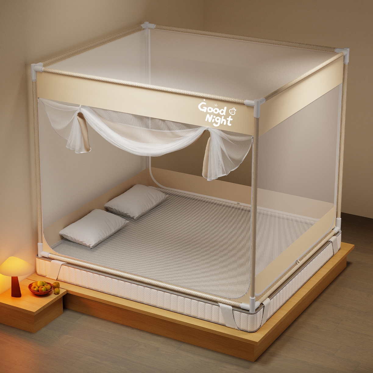 91家纺网 家纺一手货源 找家纺 初心家纺 2026新款外穿杆坐床防摔蚊帐-场景一 米-字母