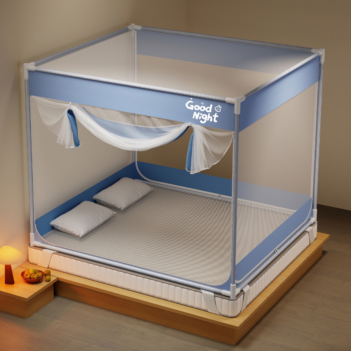 91家纺网 家纺一手货源 找家纺 初心家纺 2026新款外穿杆坐床防摔蚊帐-场景一 蓝-字母