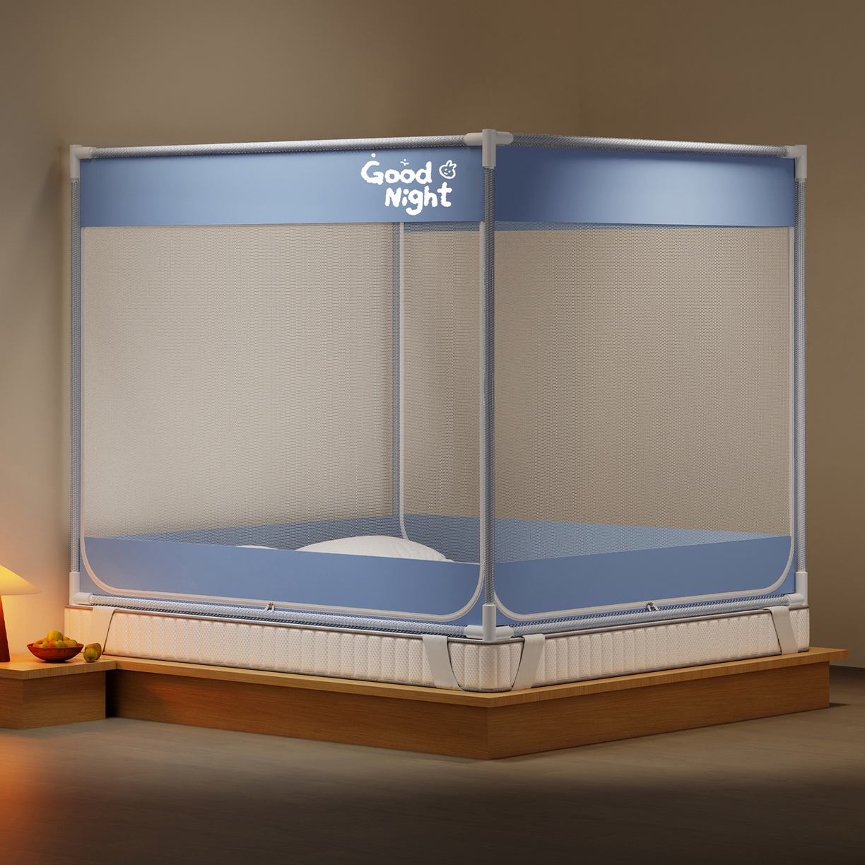 91家纺网 家纺一手货源 找家纺 初心家纺 2026新款外穿杆坐床防摔蚊帐-场景一 蓝-字母