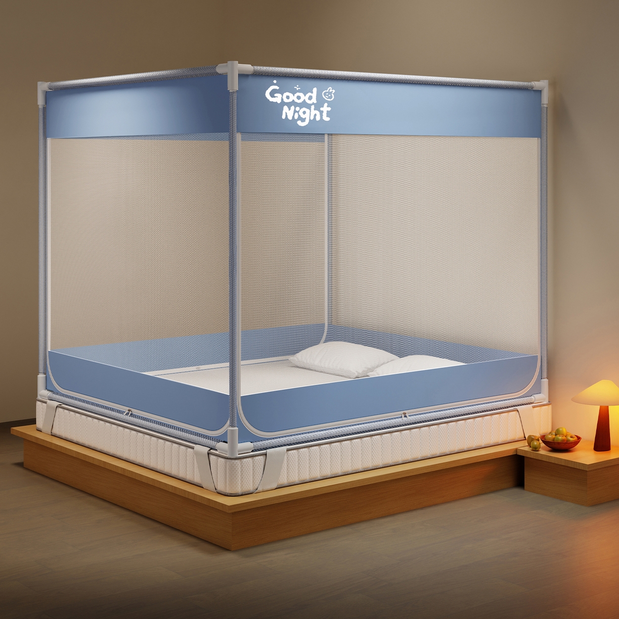 91家纺网 家纺一手货源 找家纺 初心家纺 2026新款外穿杆坐床防摔蚊帐-场景一 蓝-字母