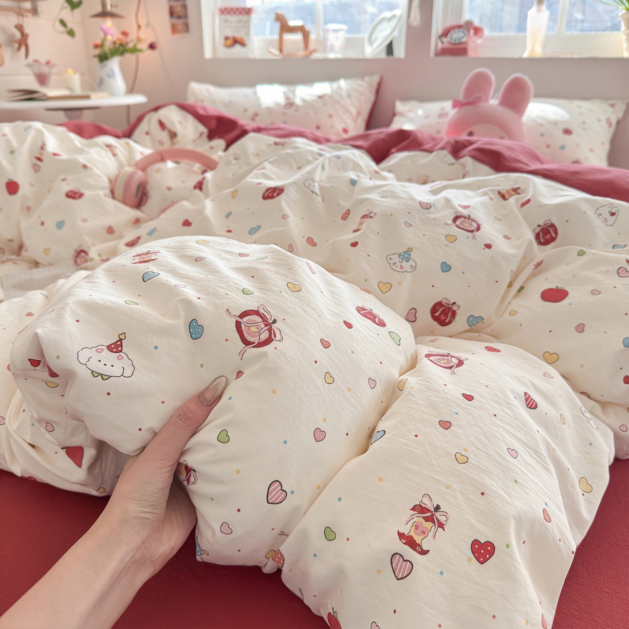 91家纺网 家纺一手货源 找家纺 罗亿家纺 2026年新款泡芙水洗棉双层纱四件套 苹果乐园