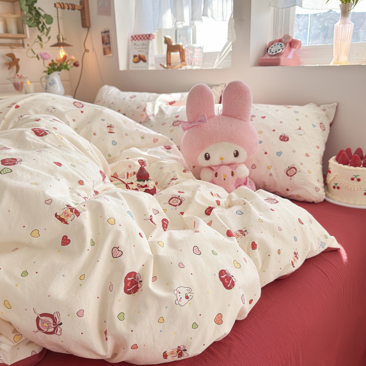 91家纺网 家纺一手货源 找家纺 罗亿家纺 2026年新款泡芙水洗棉双层纱四件套 苹果乐园