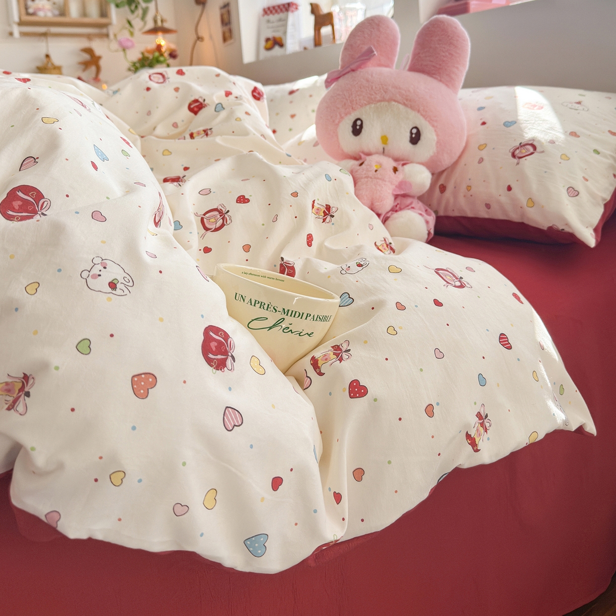 91家纺网 家纺一手货源 找家纺 罗亿家纺 2026年新款泡芙水洗棉双层纱四件套 苹果乐园