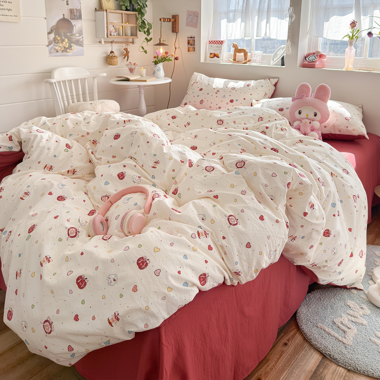 91家纺网 家纺一手货源 找家纺 罗亿家纺 2026年新款泡芙水洗棉双层纱四件套 苹果乐园