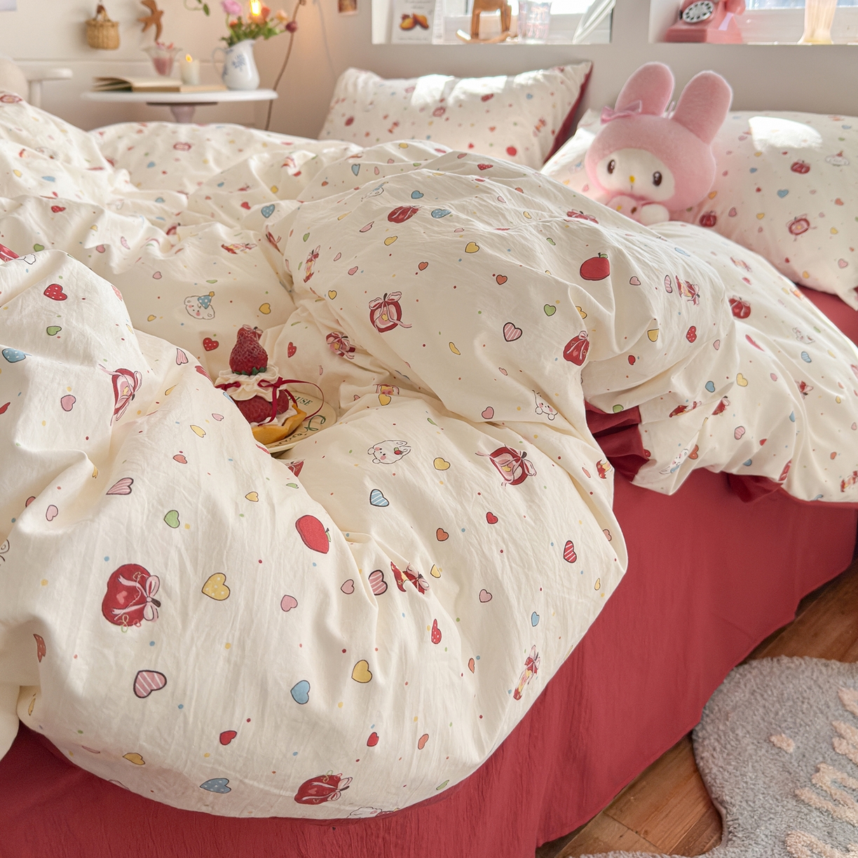 91家纺网 家纺一手货源 找家纺 罗亿家纺 2026年新款泡芙水洗棉双层纱四件套 苹果乐园