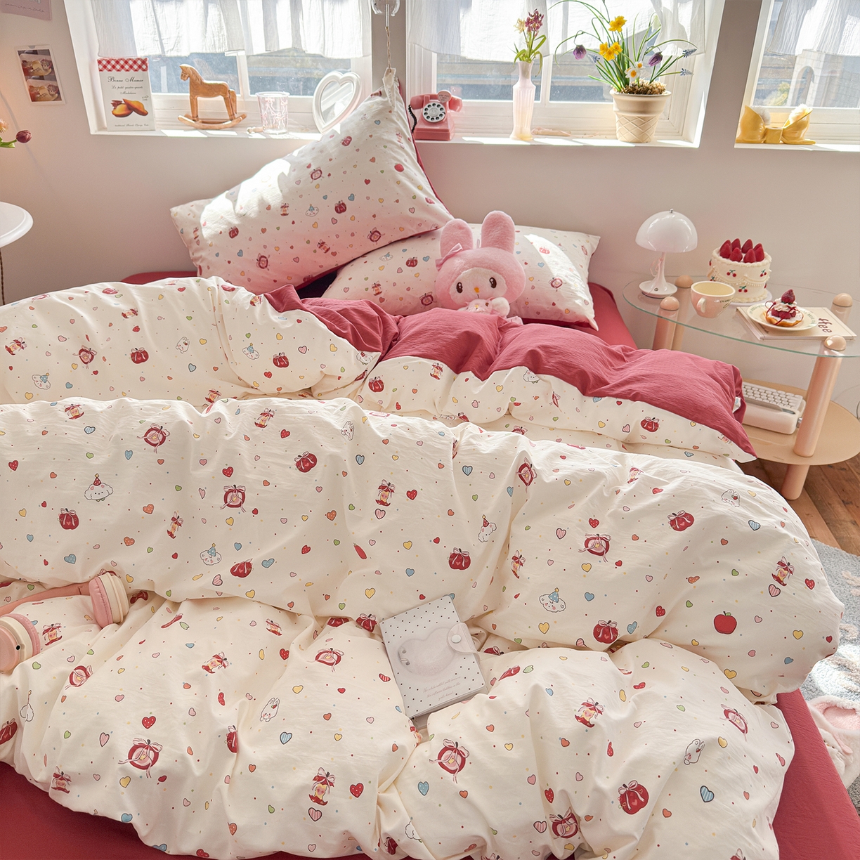 罗亿家纺 2026年新款泡芙水洗棉双层纱四件套 苹果乐园