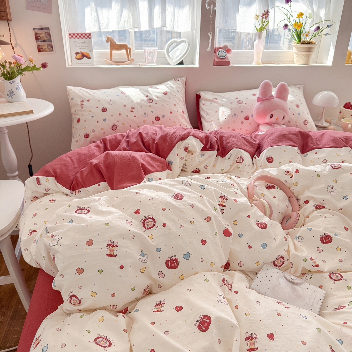 91家纺网 家纺一手货源 找家纺 罗亿家纺 2026年新款泡芙水洗棉双层纱四件套 苹果乐园