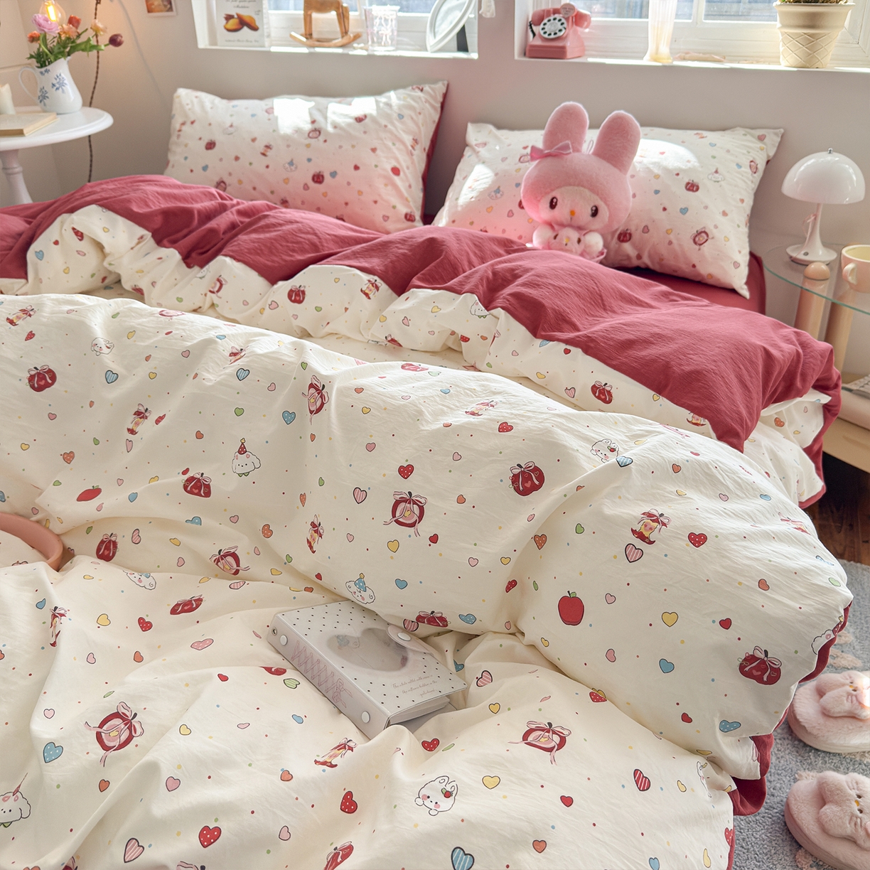 91家纺网 家纺一手货源 找家纺 罗亿家纺 2026年新款泡芙水洗棉双层纱四件套 苹果乐园