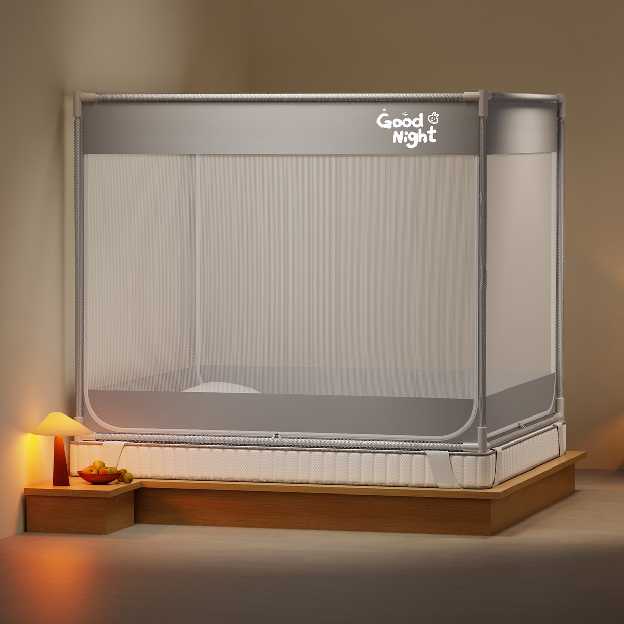 91家纺网 家纺一手货源 找家纺 初心家纺 2026新款外穿杆坐床防摔蚊帐-场景一 灰-字母