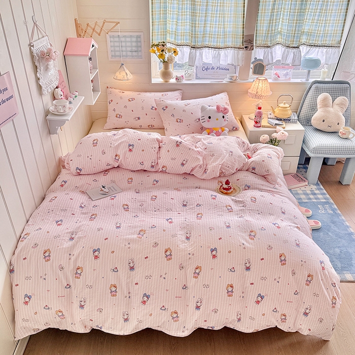 91家纺网 家纺一手货源 找家纺 罗亿家纺 2026年新款泡芙水洗棉双层纱四件套 兔耳朵kt