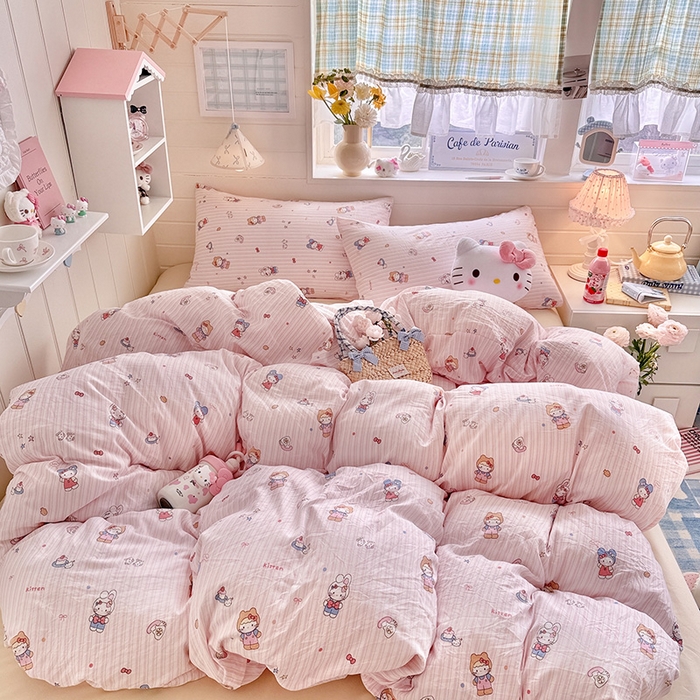 罗亿家纺 2026年新款泡芙水洗棉双层纱四件套 兔耳朵kt