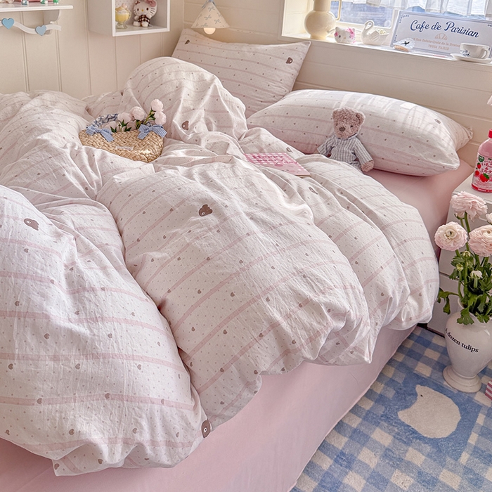 91家纺网 家纺一手货源 找家纺 罗亿家纺 2026年新款泡芙水洗棉双层纱四件套 文艺小熊