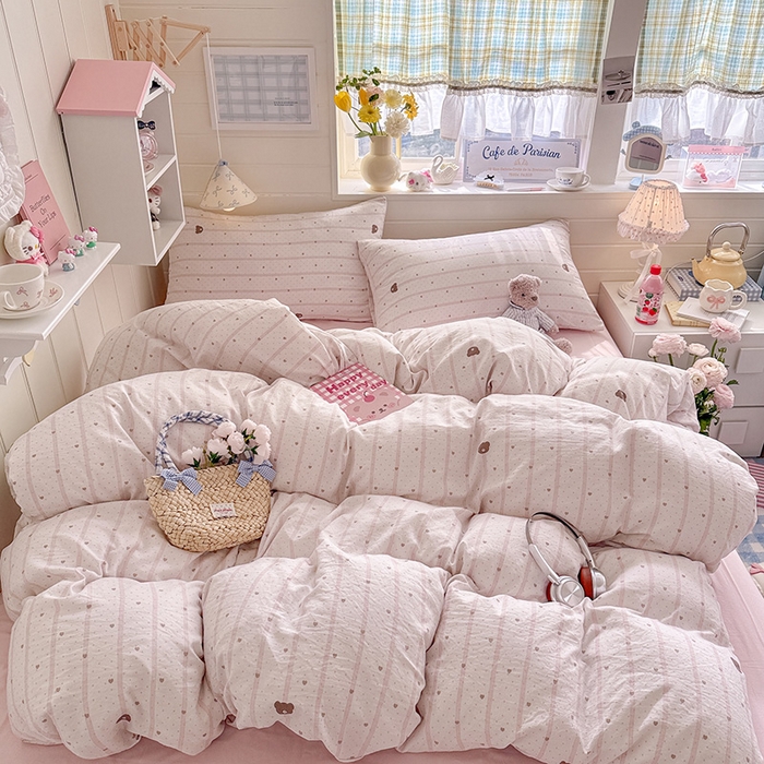 罗亿家纺 2026年新款泡芙水洗棉双层纱四件套 文艺小熊