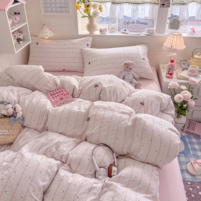 91家纺网 家纺一手货源 找家纺 罗亿家纺 2026年新款泡芙水洗棉双层纱四件套 文艺小熊