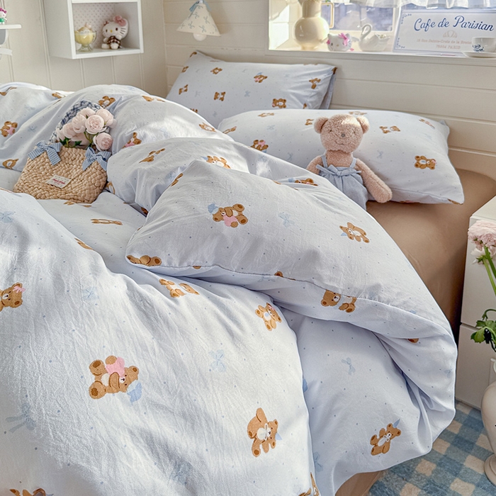 91家纺网 家纺一手货源 找家纺 罗亿家纺 2026年新款泡芙水洗棉双层纱四件套 小熊日记