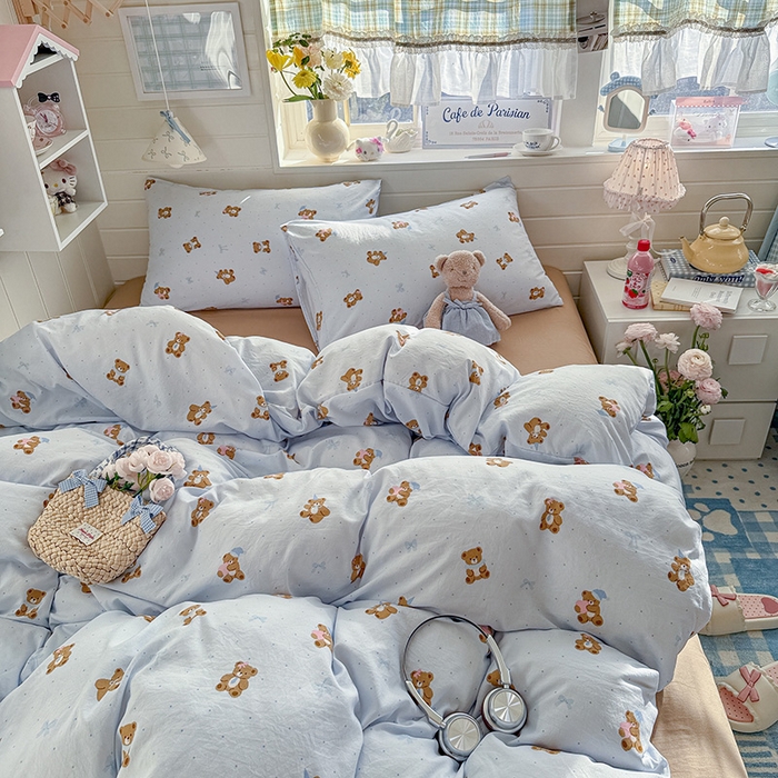 91家纺网 家纺一手货源 找家纺 罗亿家纺 2026年新款泡芙水洗棉双层纱四件套 小熊日记