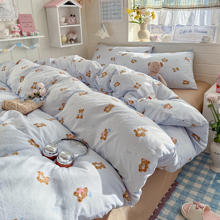 91家纺网 家纺一手货源 找家纺 罗亿家纺 2026年新款泡芙水洗棉双层纱四件套 小熊日记