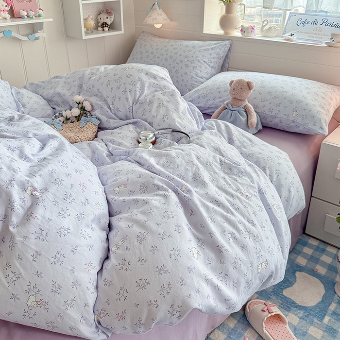 91家纺网 家纺一手货源 找家纺 罗亿家纺 2026年新款泡芙水洗棉双层纱四件套 薰衣草小兔