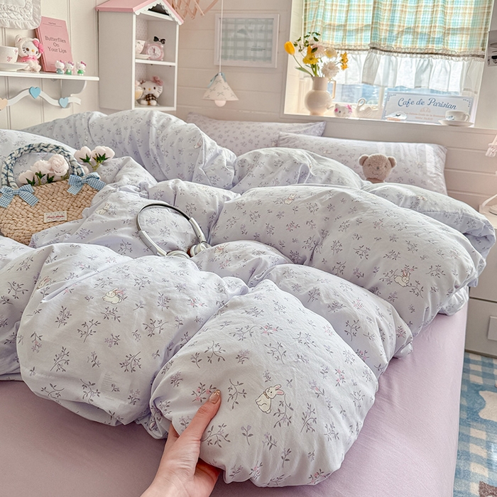 91家纺网 家纺一手货源 找家纺 罗亿家纺 2026年新款泡芙水洗棉双层纱四件套 薰衣草小兔