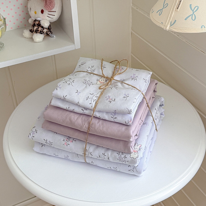 91家纺网 家纺一手货源 找家纺 罗亿家纺 2026年新款泡芙水洗棉双层纱四件套 薰衣草小兔