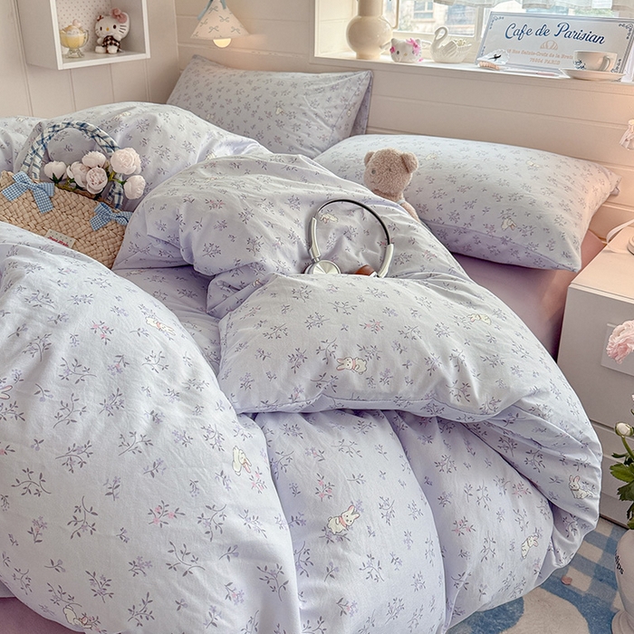 91家纺网 家纺一手货源 找家纺 罗亿家纺 2026年新款泡芙水洗棉双层纱四件套 薰衣草小兔