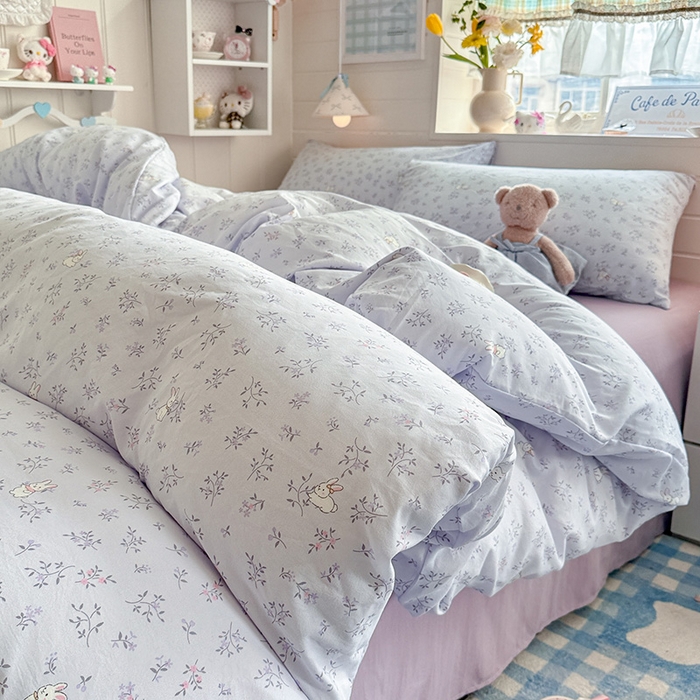 91家纺网 家纺一手货源 找家纺 罗亿家纺 2026年新款泡芙水洗棉双层纱四件套 薰衣草小兔